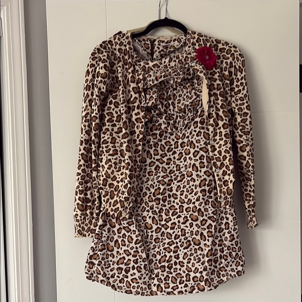 Leopard Print Long Sleeve Dress with Red Flower Accent